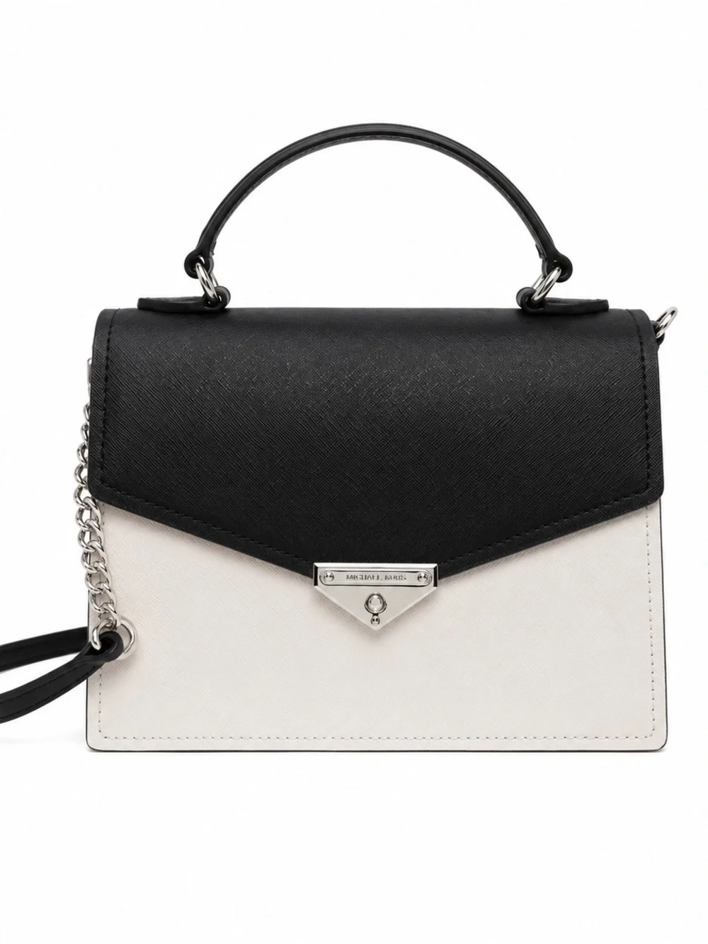 Michael Kors Black and Cream Structured Top-Handle Satchel with crossbody strap